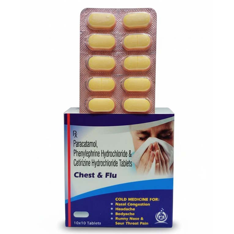Paracetamol, Phenylephrine Hydrochloride & Cetirizine Hydrochloride Tablets (Chest & Flu)